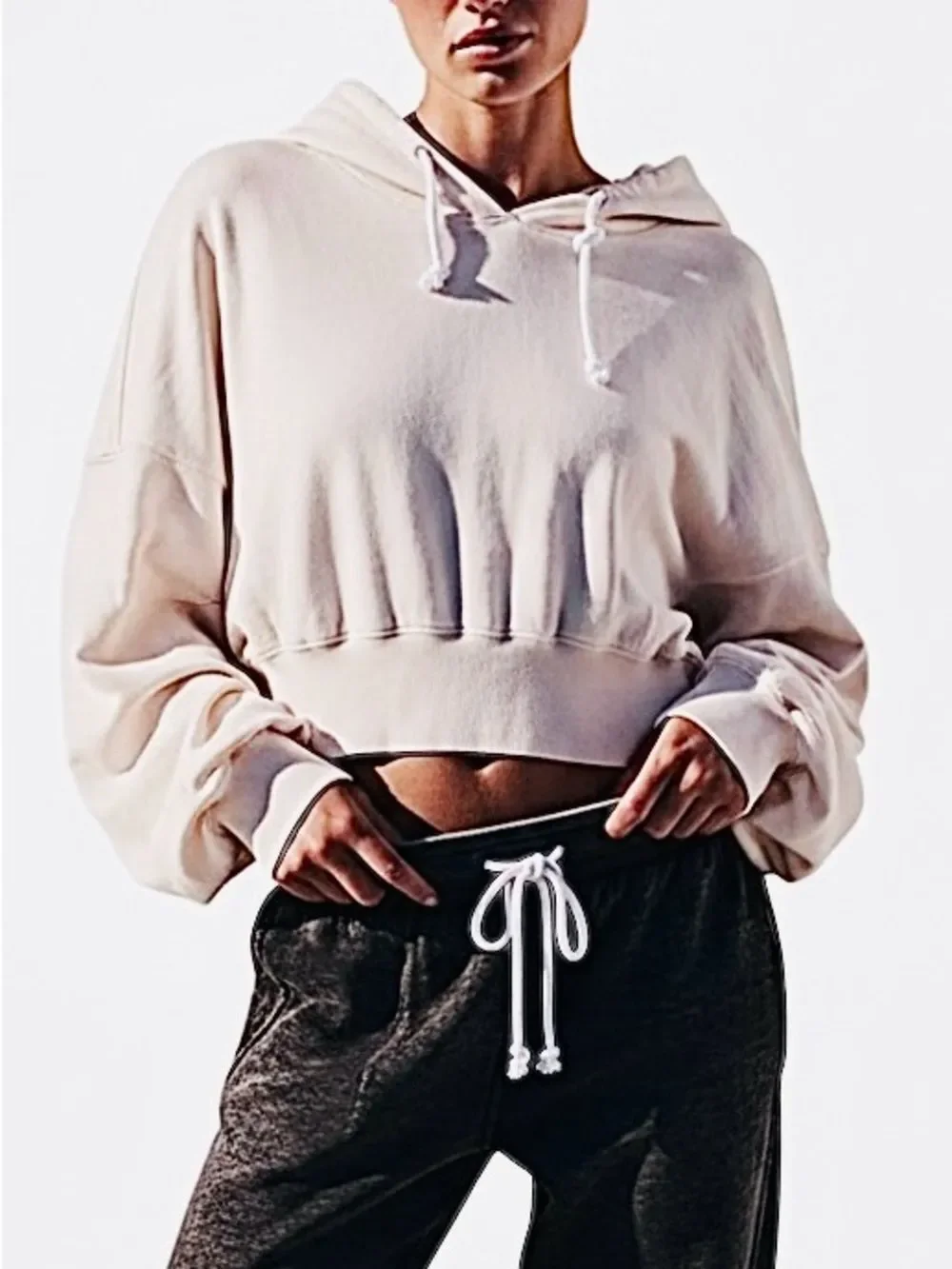 Free People Playbook Off-White Sweatshirt “Cream/Tofu” Baggie Semi-Crop Hoodie